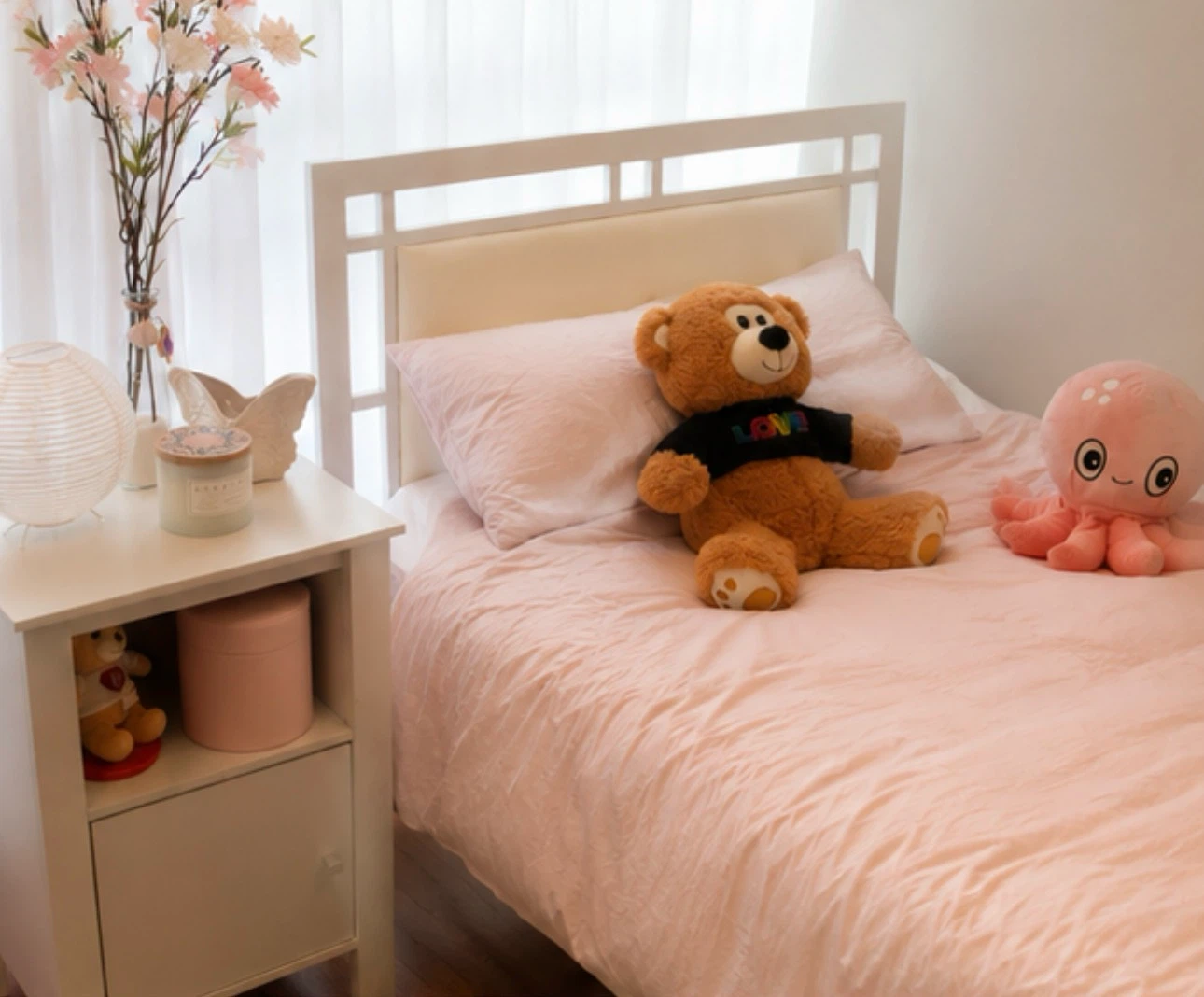 IKEA White Metal Bed with Headboard mattress and side table - photo 3