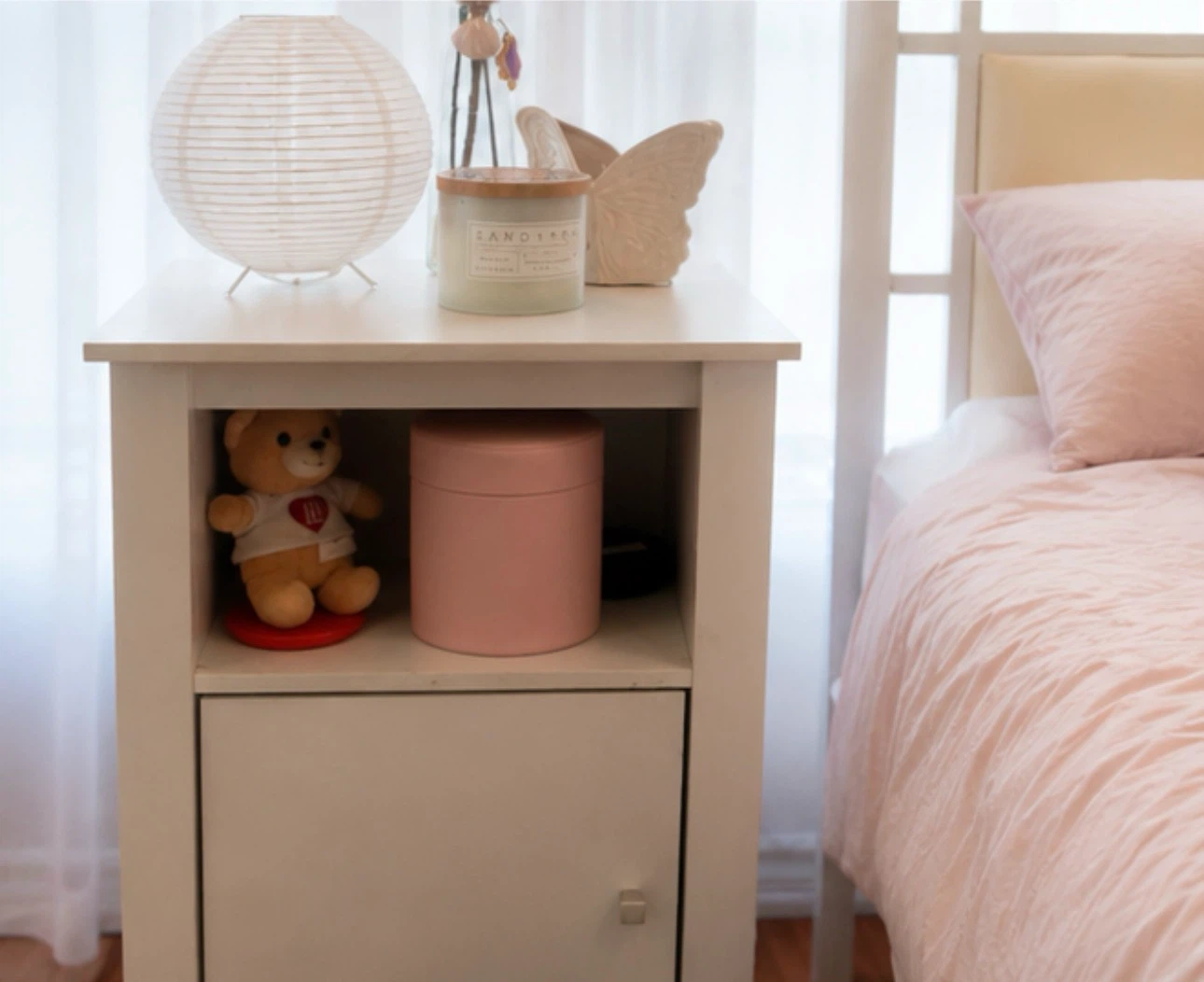 IKEA White Metal Bed with Headboard mattress and side table - photo 4
