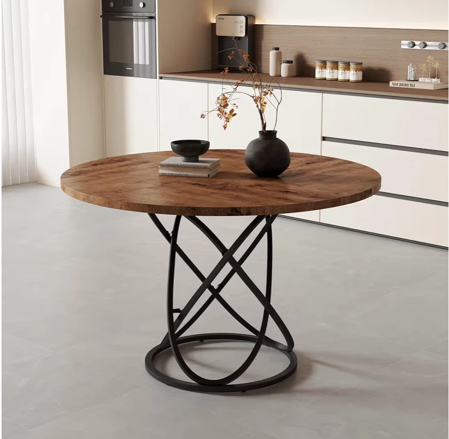 Round Dining Table with Wooden Style & Black Metal Base