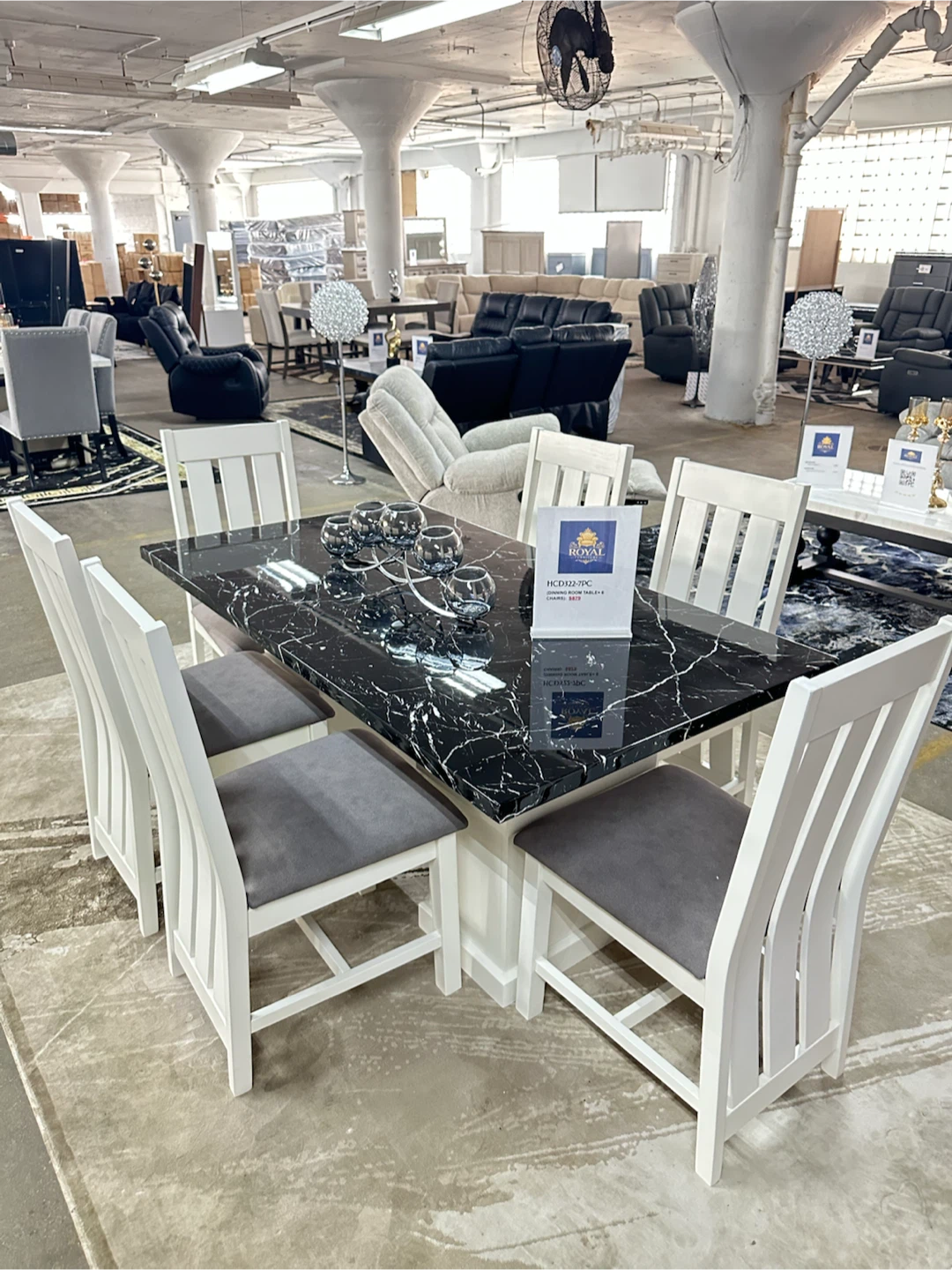Dining Table and 6 Chairs Set - Black Marble Top