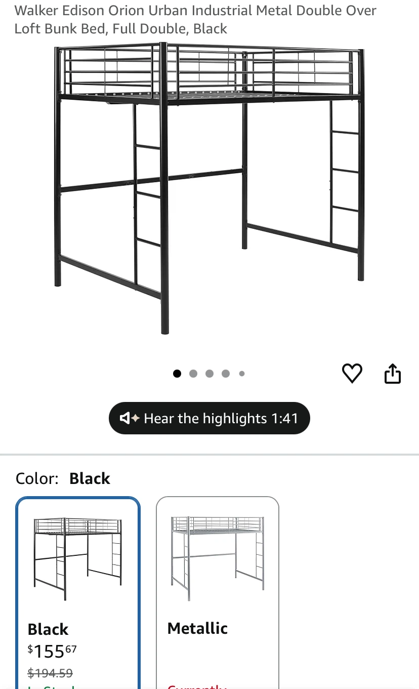 Walker Edison  Metal Loft Bed, Full Double, Black - photo 3