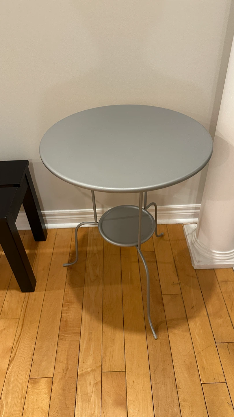 Small Grey Round Side Table with Shelf