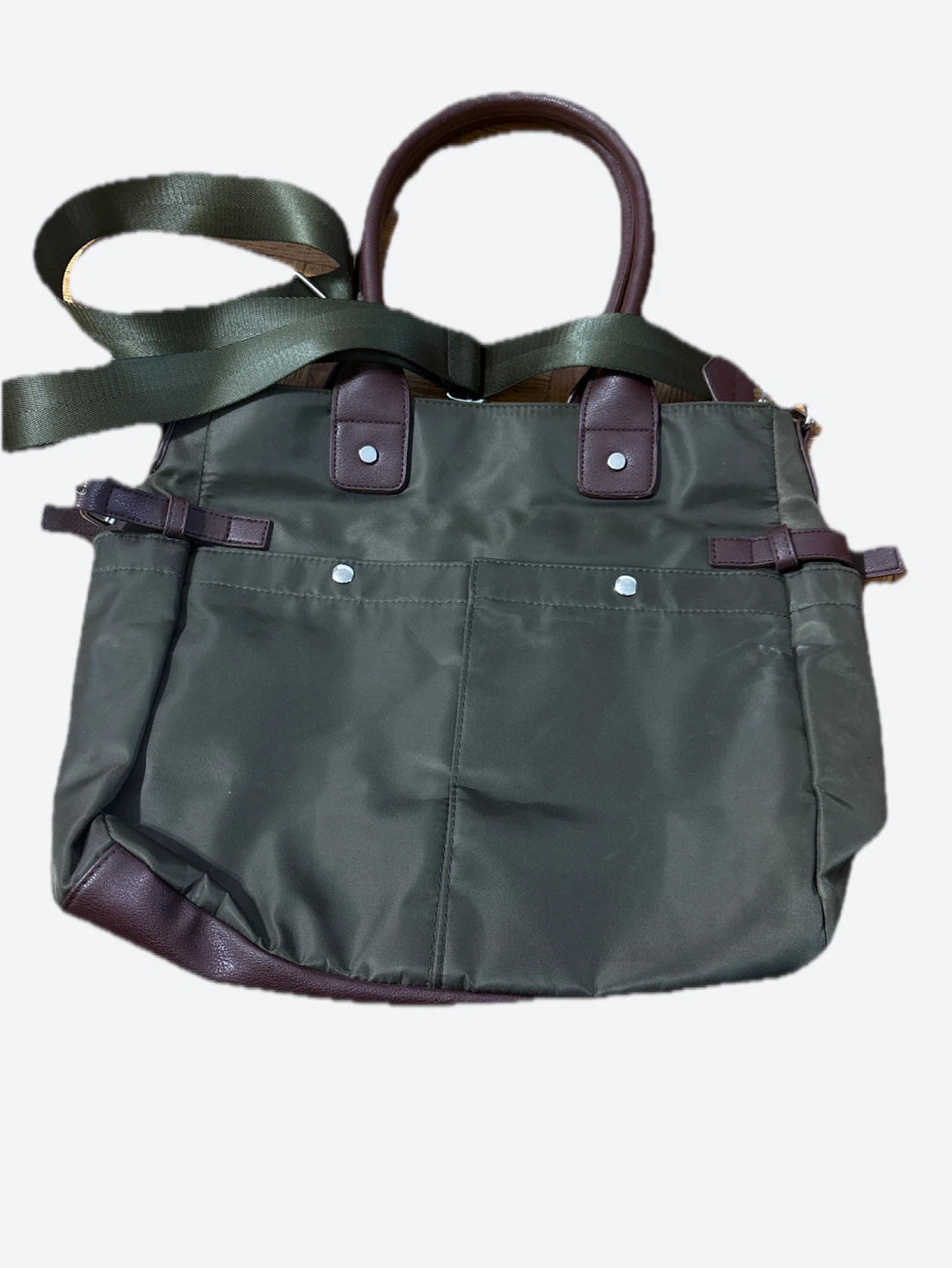 Olive Green Nylon Tote Bag with Brown Trim