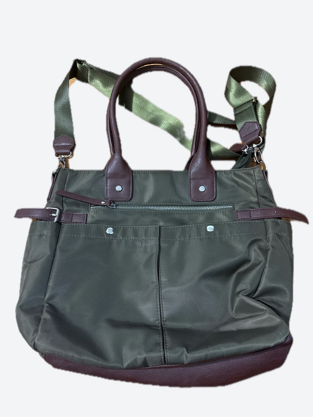 Olive Green Nylon Tote Bag with Brown Trim - photo 2