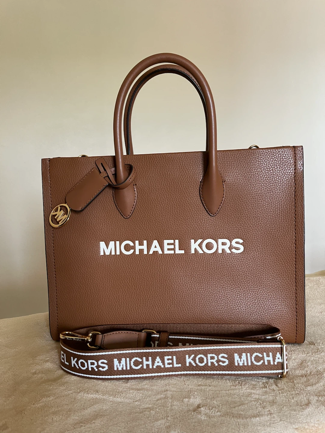 Michael Kors Brown Leather Tote Bag with Logo Strap