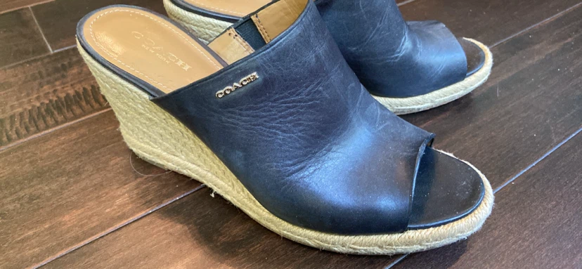 Coach Black Leather Espadrille Wedge Mules Size 8