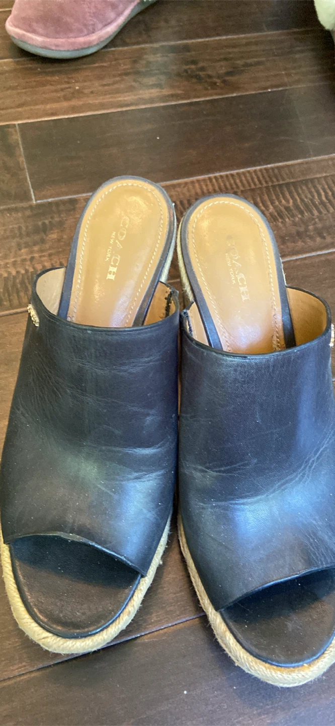 Coach Black Leather Espadrille Wedge Mules Size 8 - photo 2