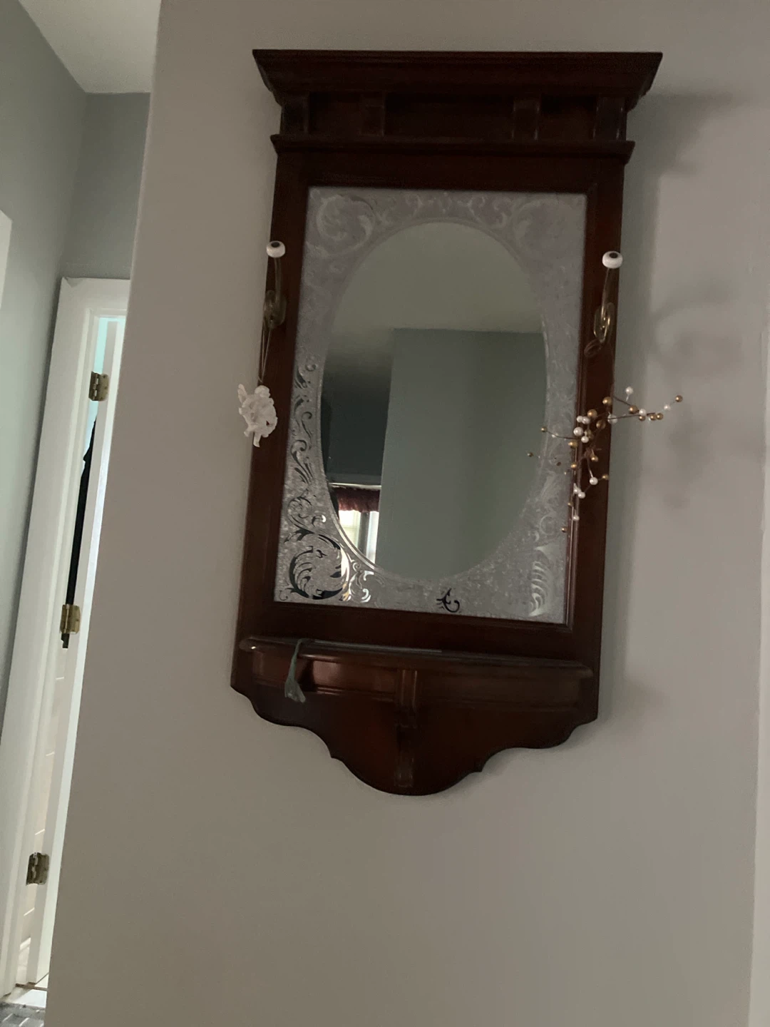 Antique Wood Mirror with Hooks