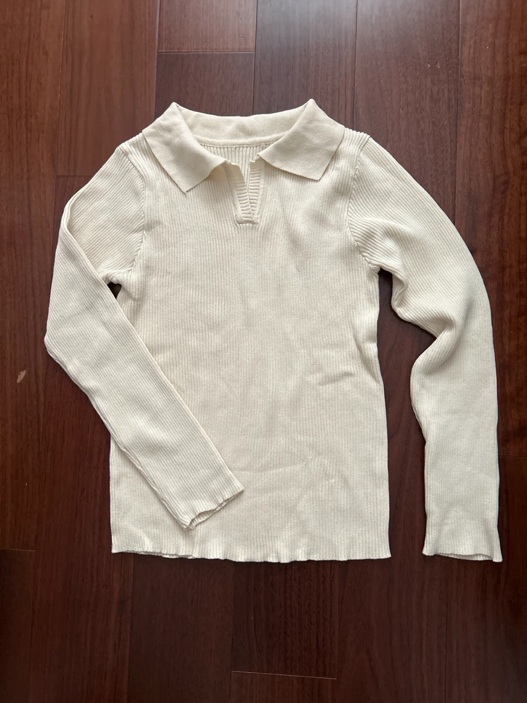 Cream Ribbed Knit Collared Long Sleeve Top