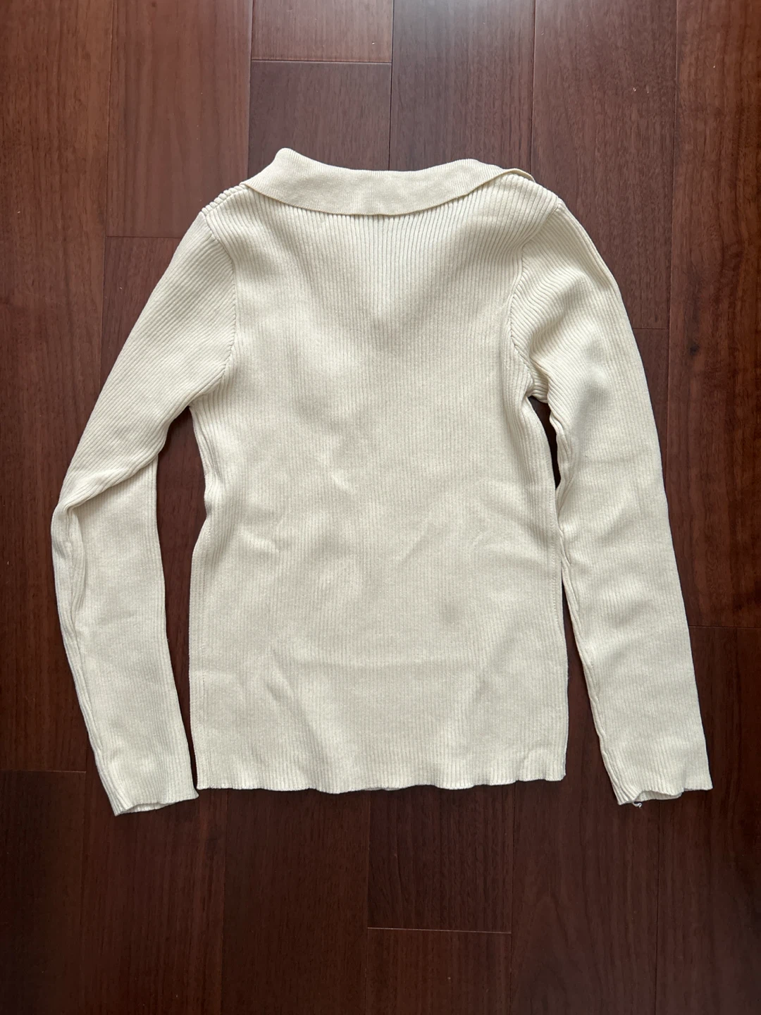 Cream Ribbed Knit Collared Long Sleeve Top - photo 2