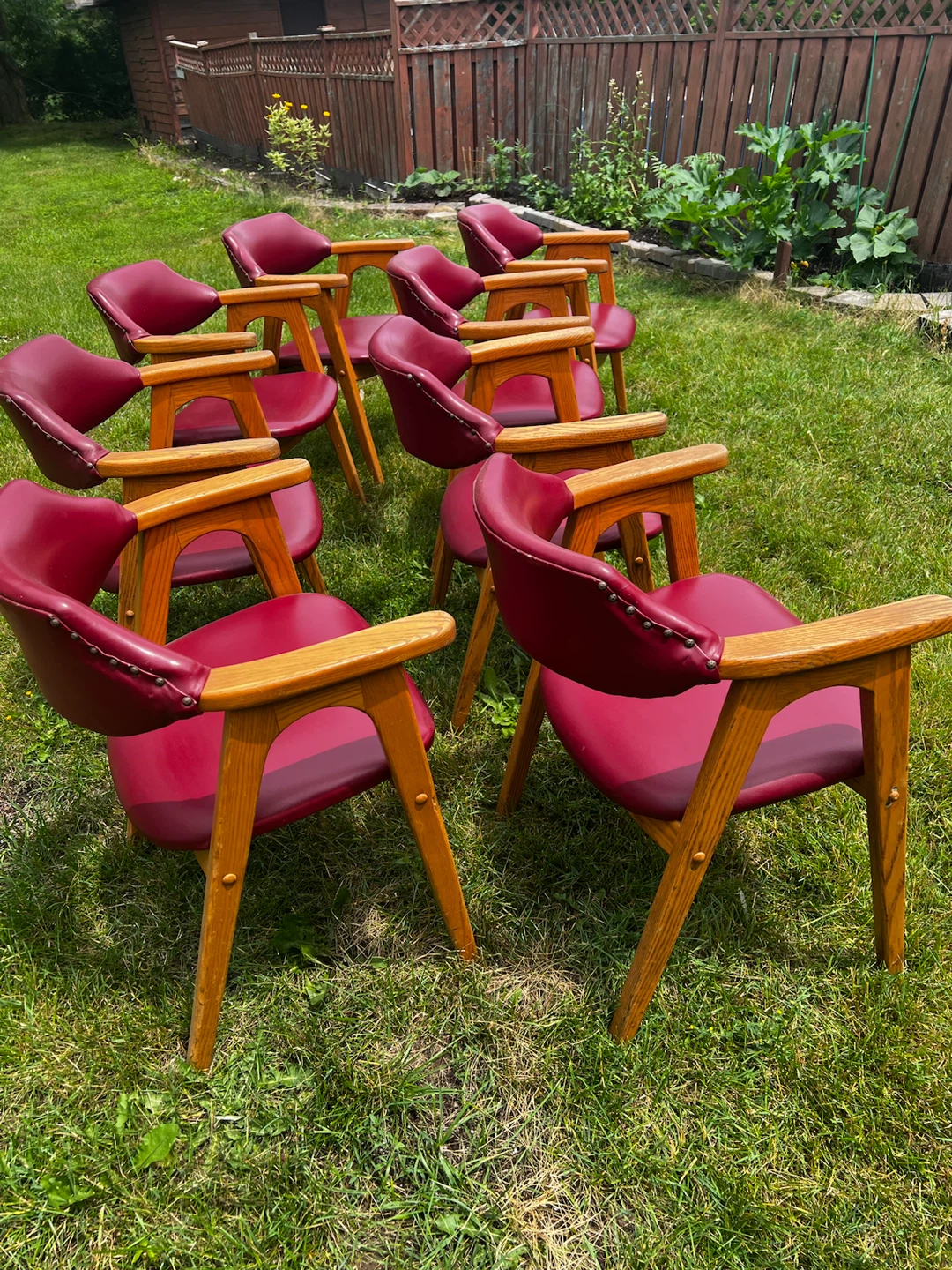 Set of 8 Red Upholstered Mid-Century Modern Arm Chairs