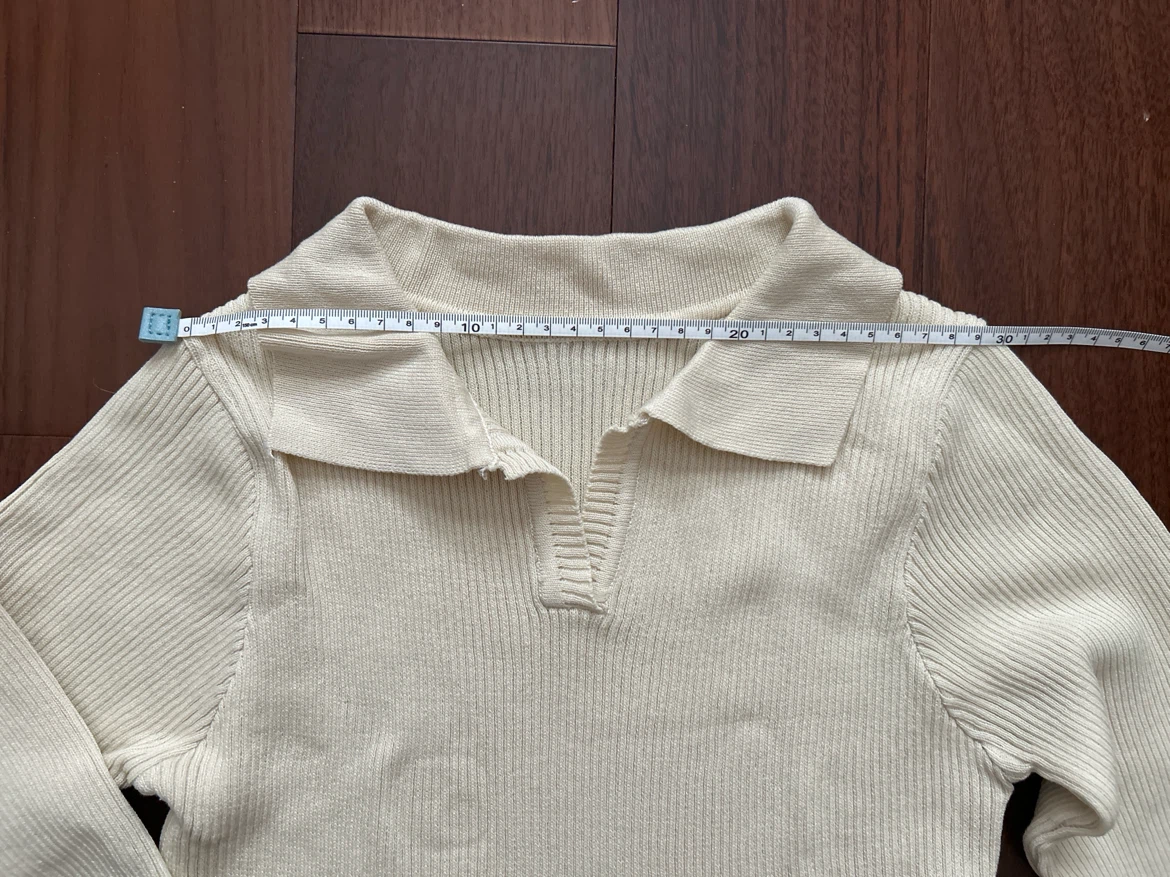 Cream Ribbed Knit Collared Long Sleeve Top - photo 3