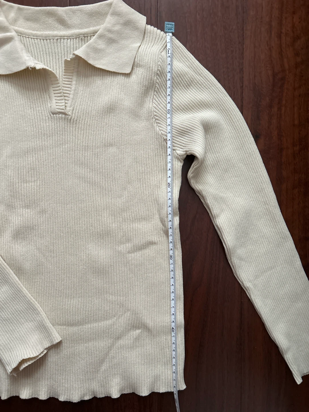 Cream Ribbed Knit Collared Long Sleeve Top - photo 4