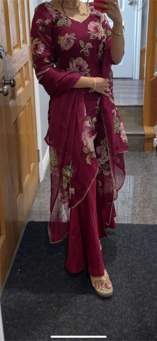 Maroon Floral Print 3-Piece Suit with Dupatta