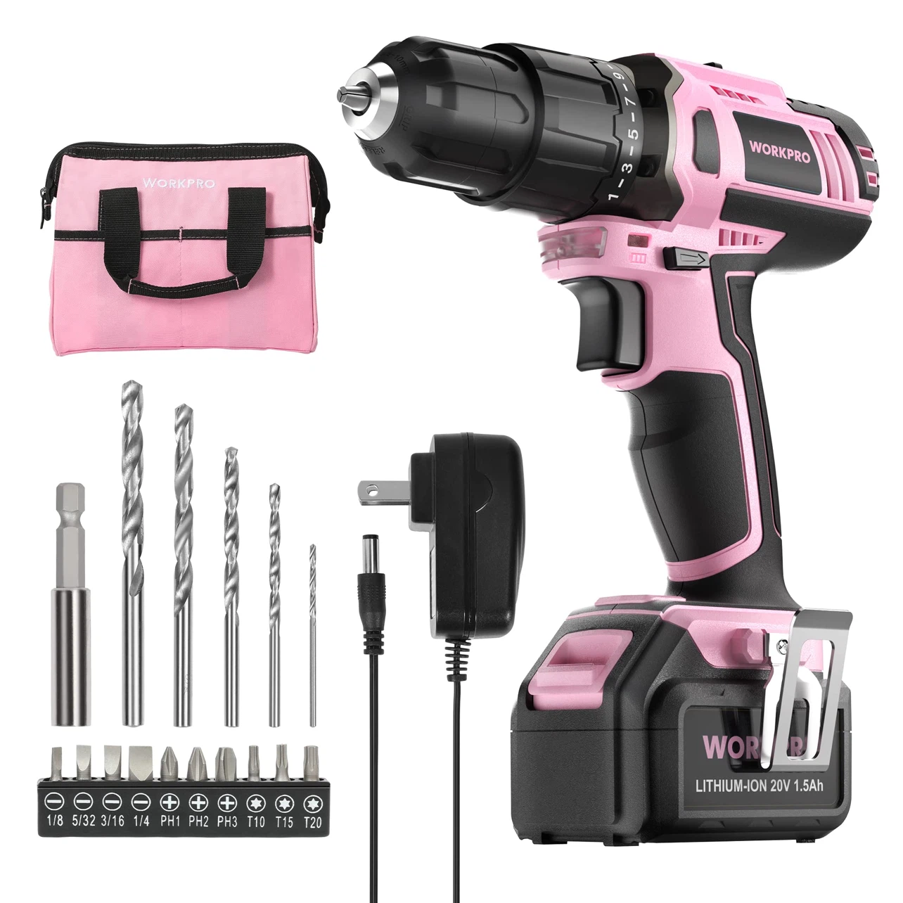 WORKPRO Pink Cordless Drill with Battery and Bag