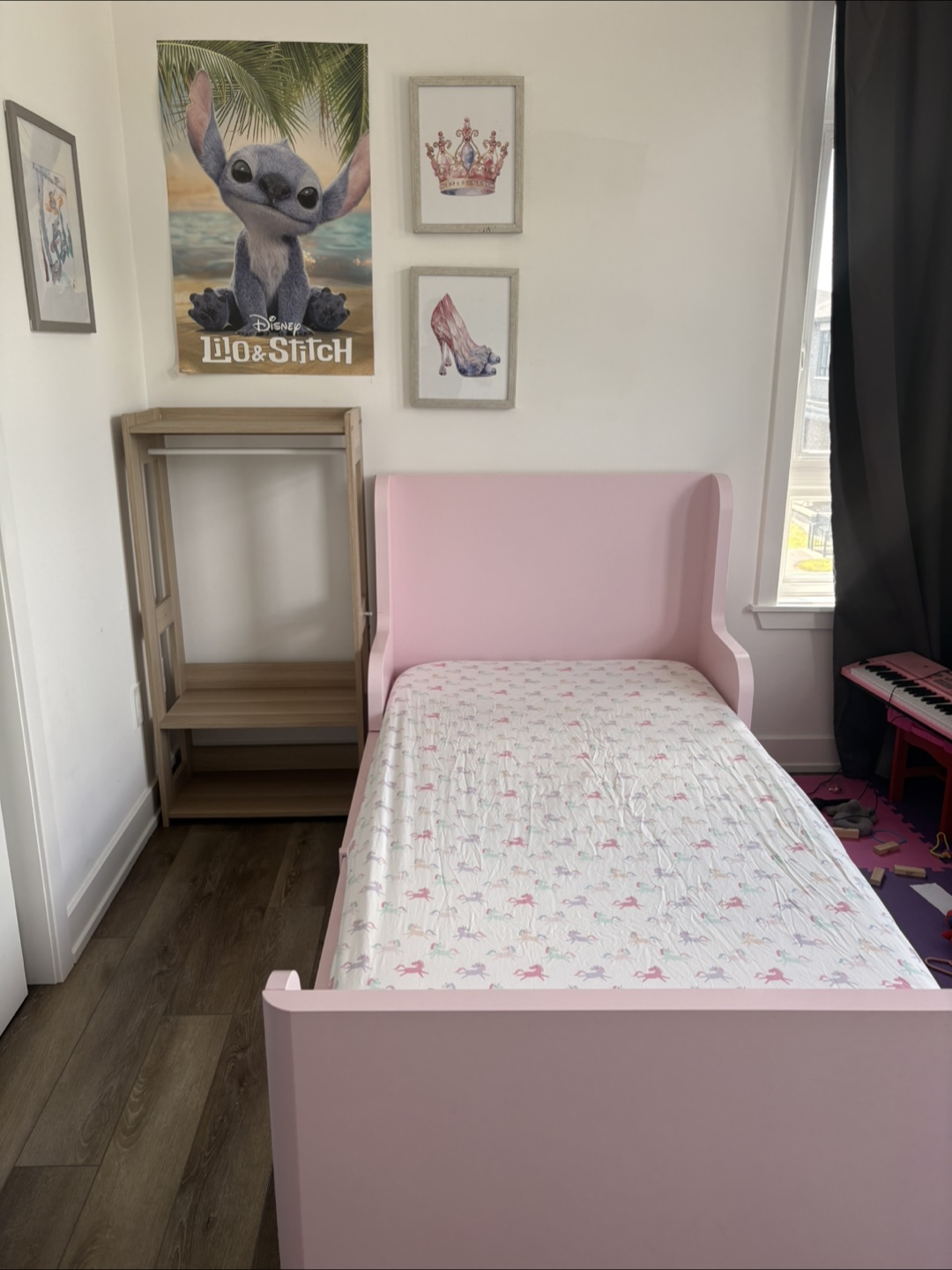 Pink single Bed with Juno mattress and kids wardrobe