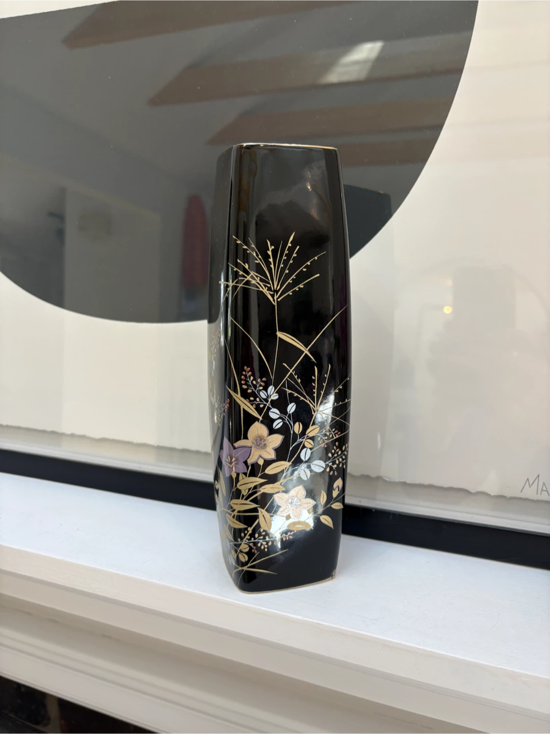 Vintage Black Glazed  Japanese Vase  Floral Design