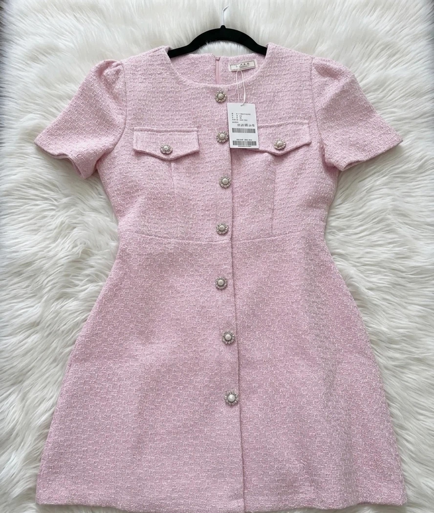 TWEE Pink Tweed Mini Dress with Pearl Buttons