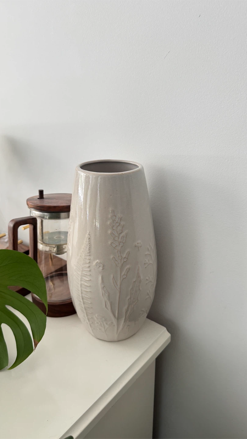 White Embossed Floral Vase
