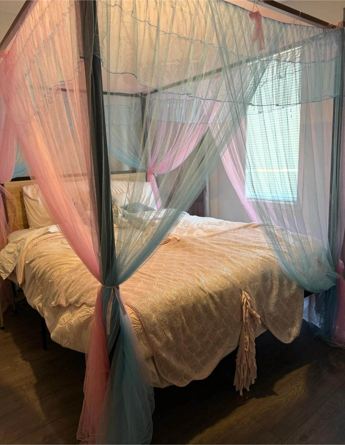 Canopy Metal Bed Frame with Wood Headboard