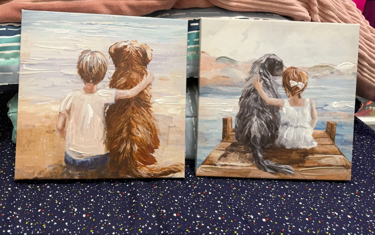Set of 2 Canvas Paintings - Girl and Dog Art
