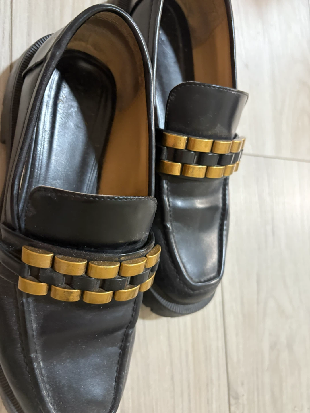 ZARA Black Loafers with Gold & Black Chain Detail