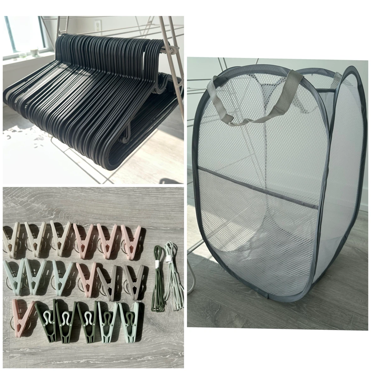 Laundry Hamper, Clothes Hangers, and Clothes Pins Set