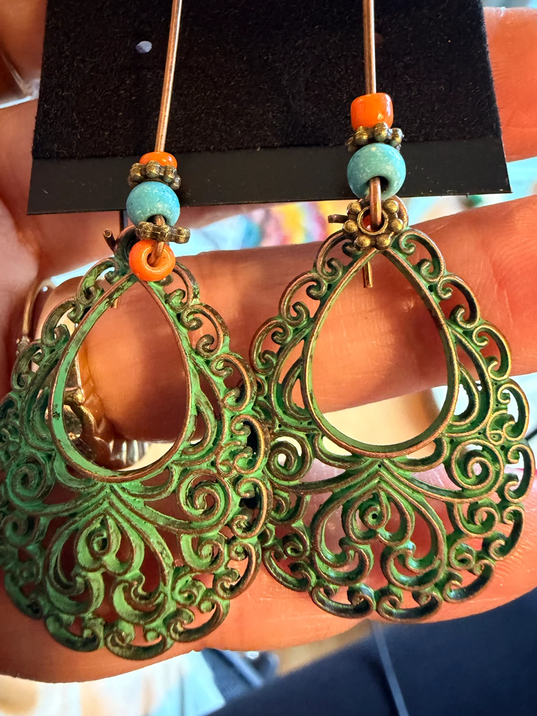 Green Filigree Dangle Earrings with Beads