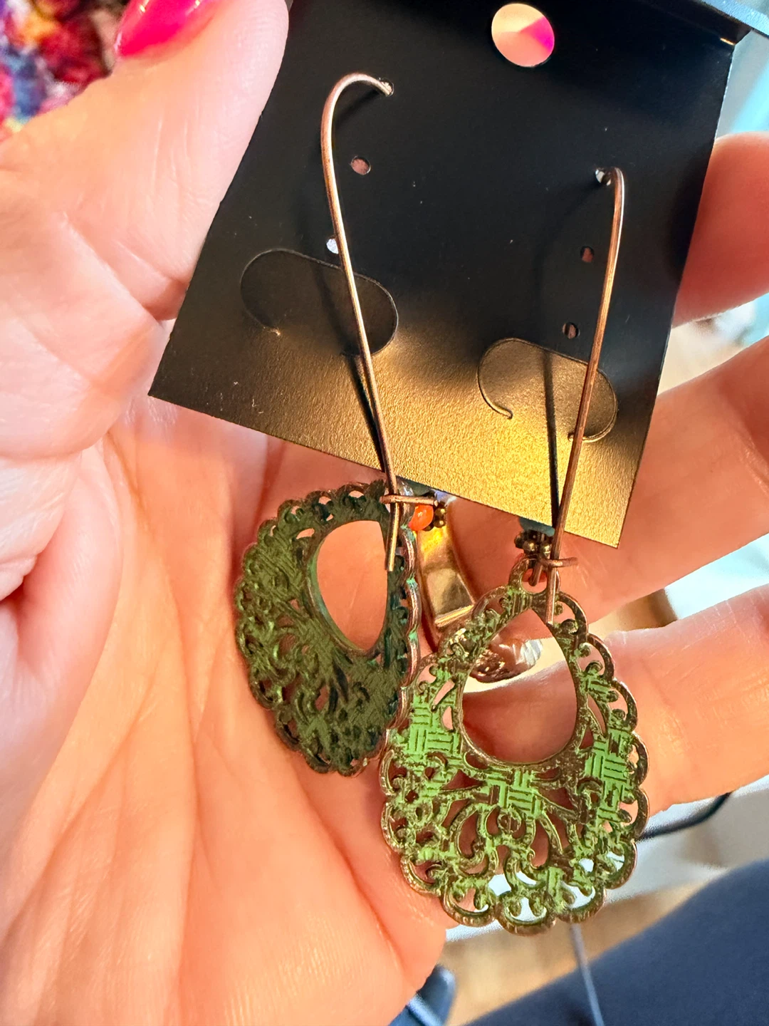 Green Filigree Dangle Earrings with Beads - photo 2