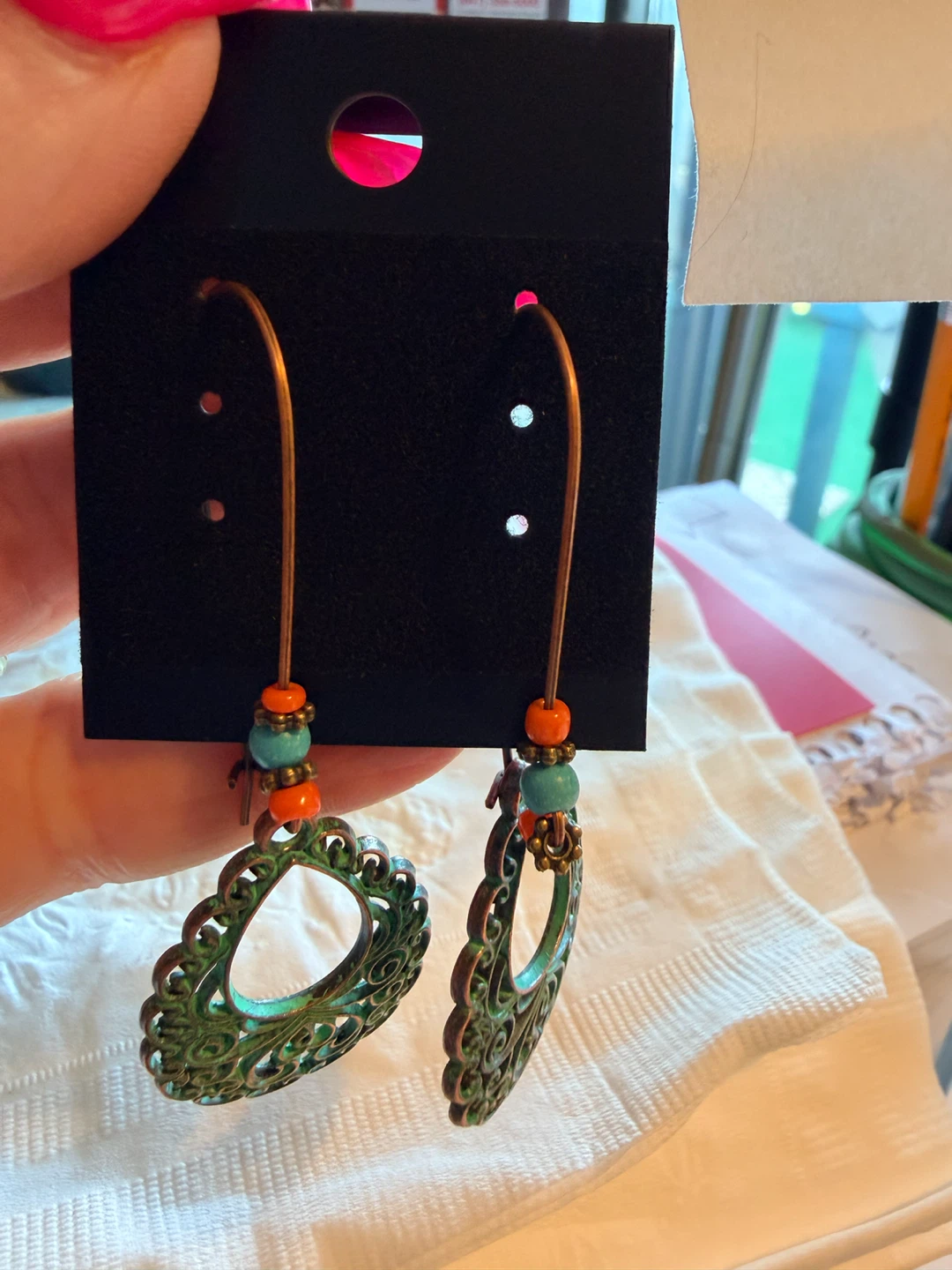 Green Filigree Dangle Earrings with Beads - photo 4