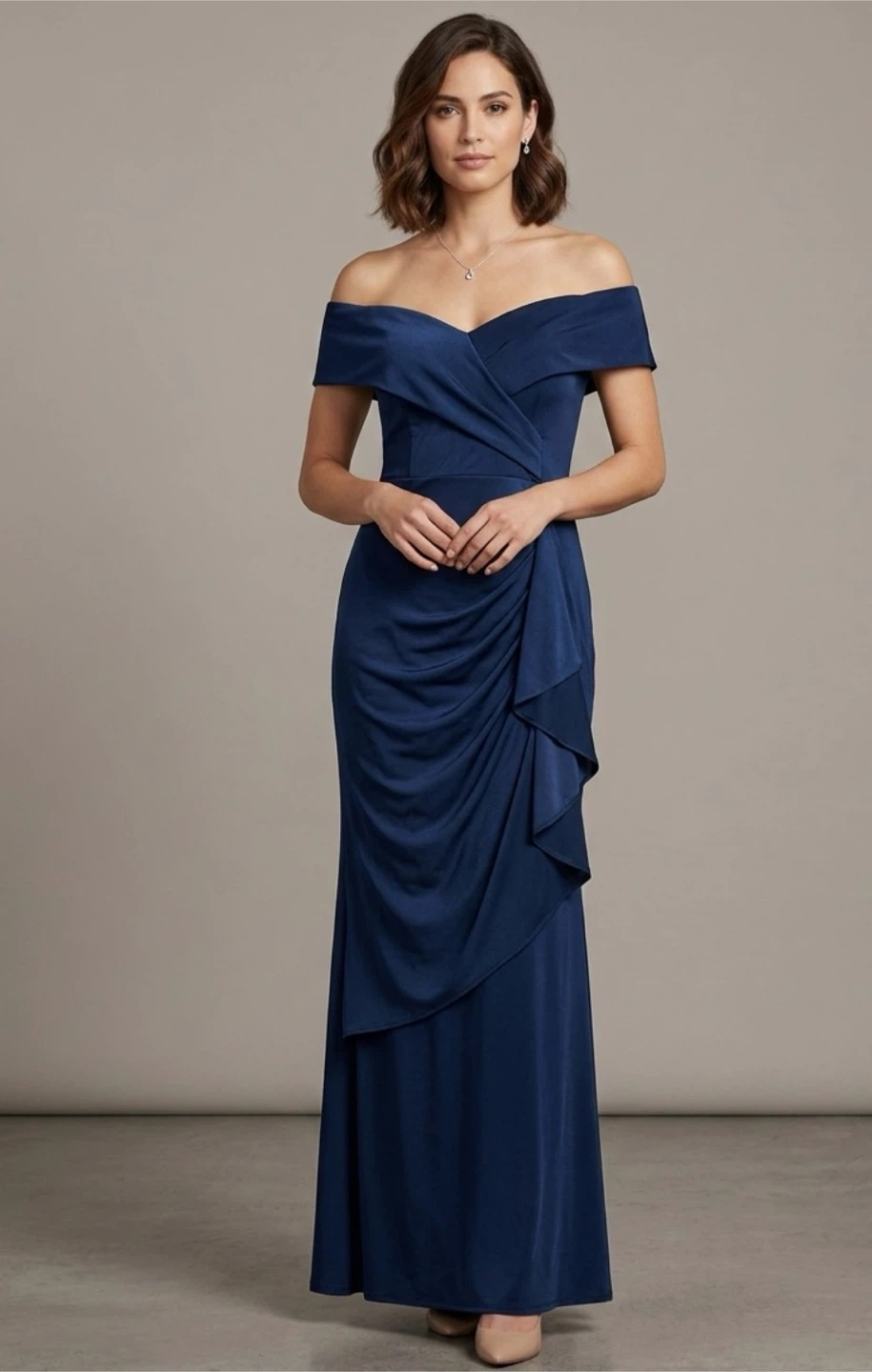 Navy Blue Off-the-Shoulder Ruched Gown with Slit