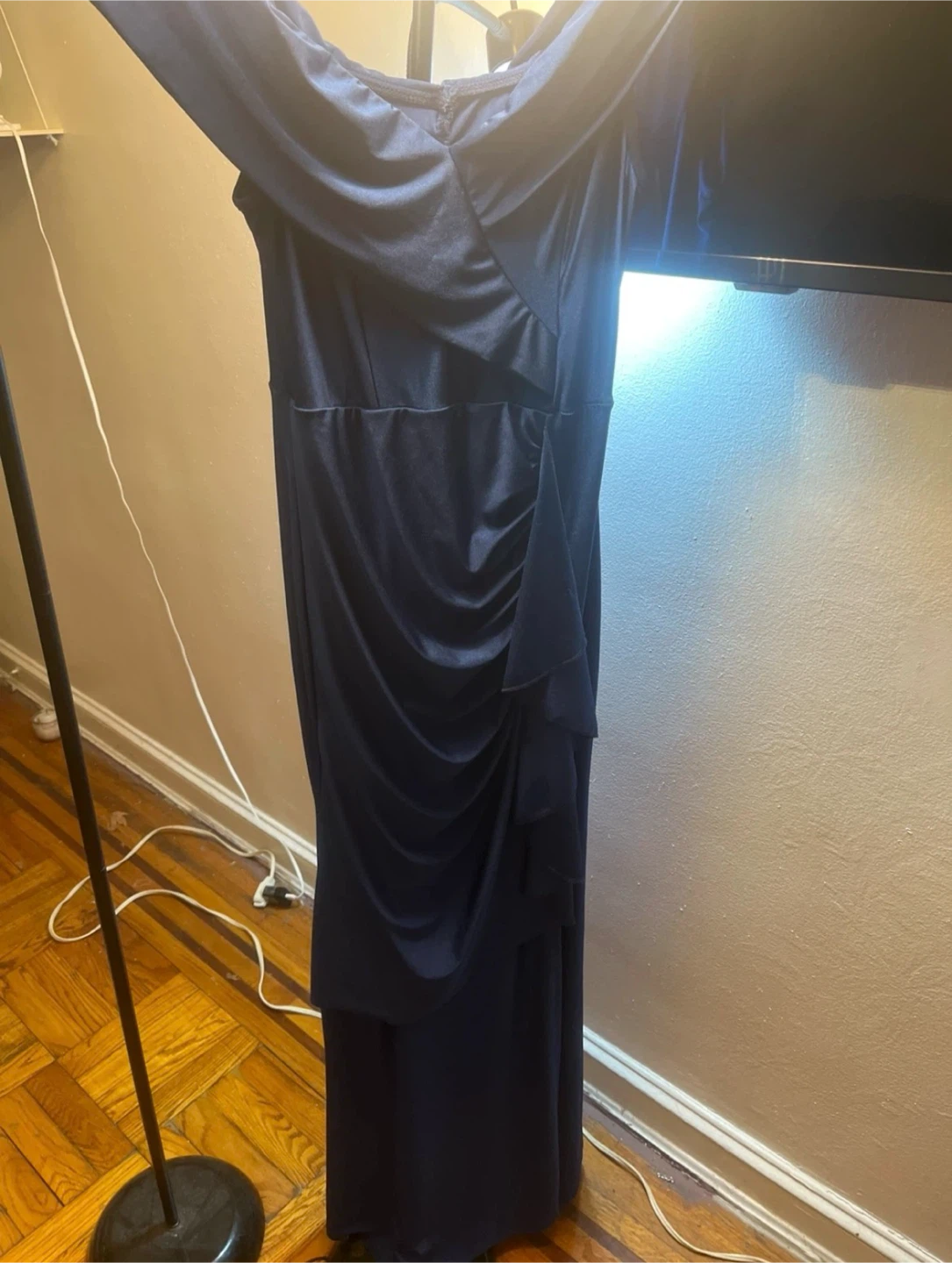 Navy Blue Off-the-Shoulder Ruched Gown with Slit - photo 2