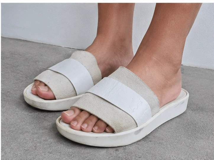White and Beige Slide Sandals