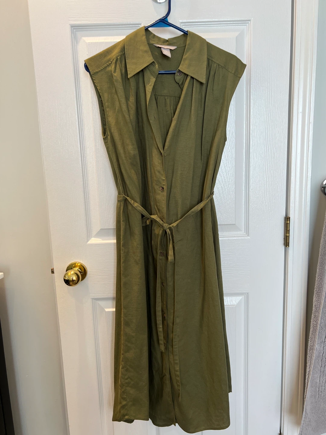 H&M Linen Blend Sleeveless Shirt Dress - Olive Green - XS