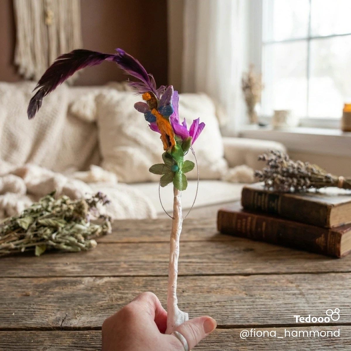 Handmade Flower and Feather Wand with Lights