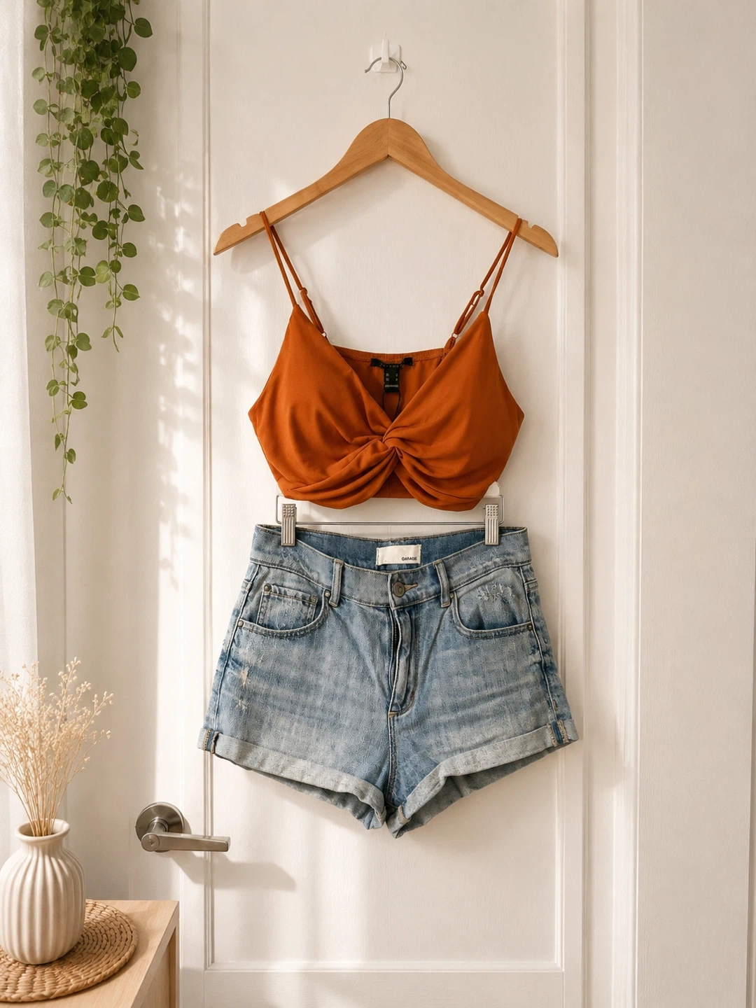 Garage Denim Shorts and Orange Twist Front Top