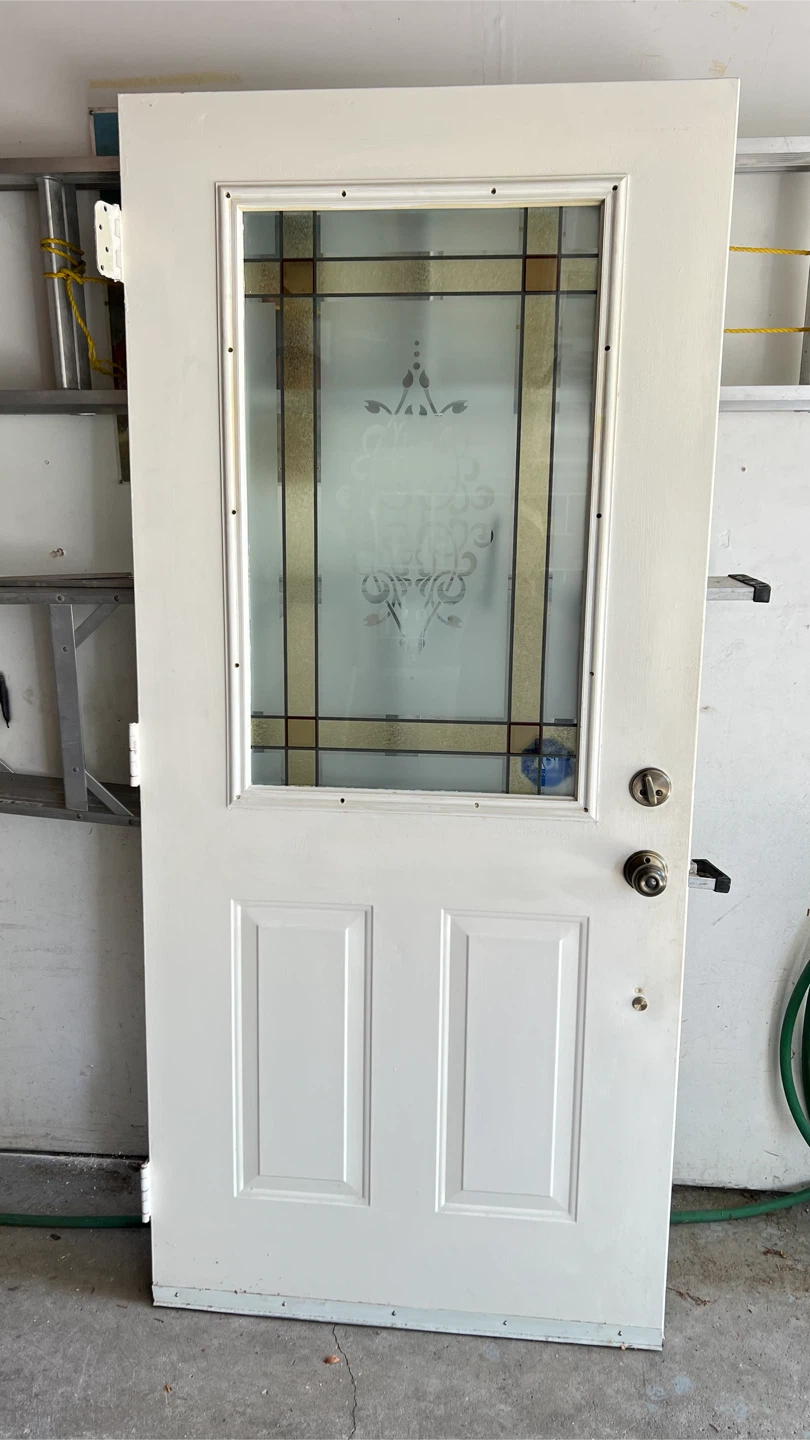 White Entry Door with Decorative Glass Panel