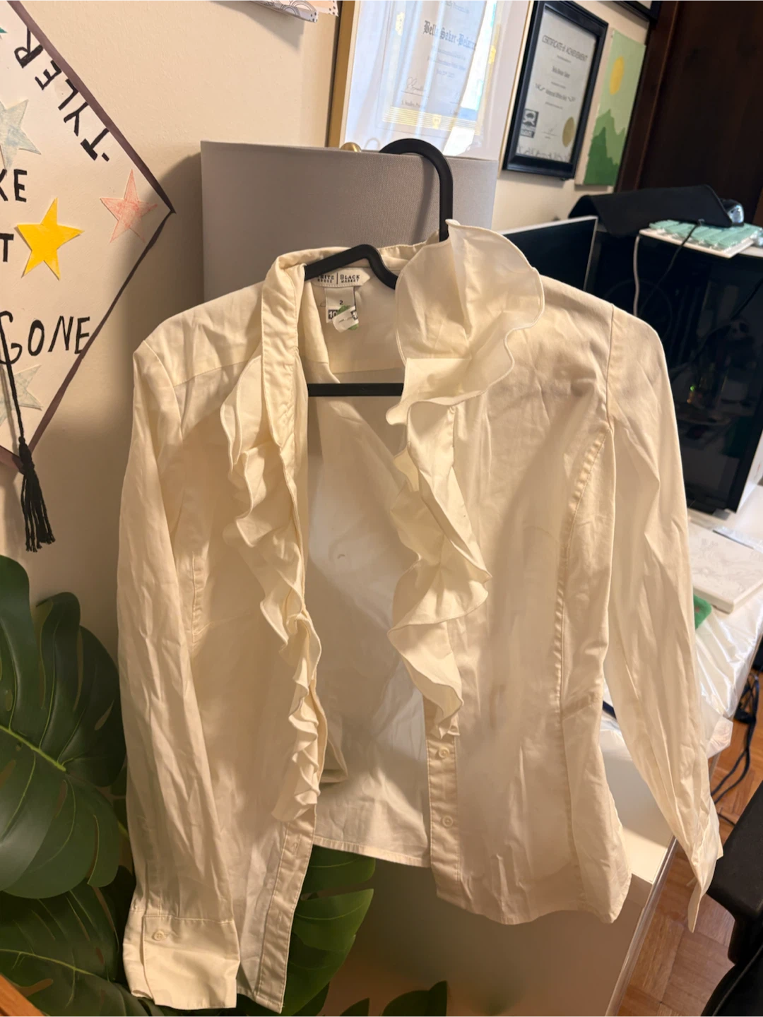 White Ruffle Shirt and Purple Sweater - photo 2