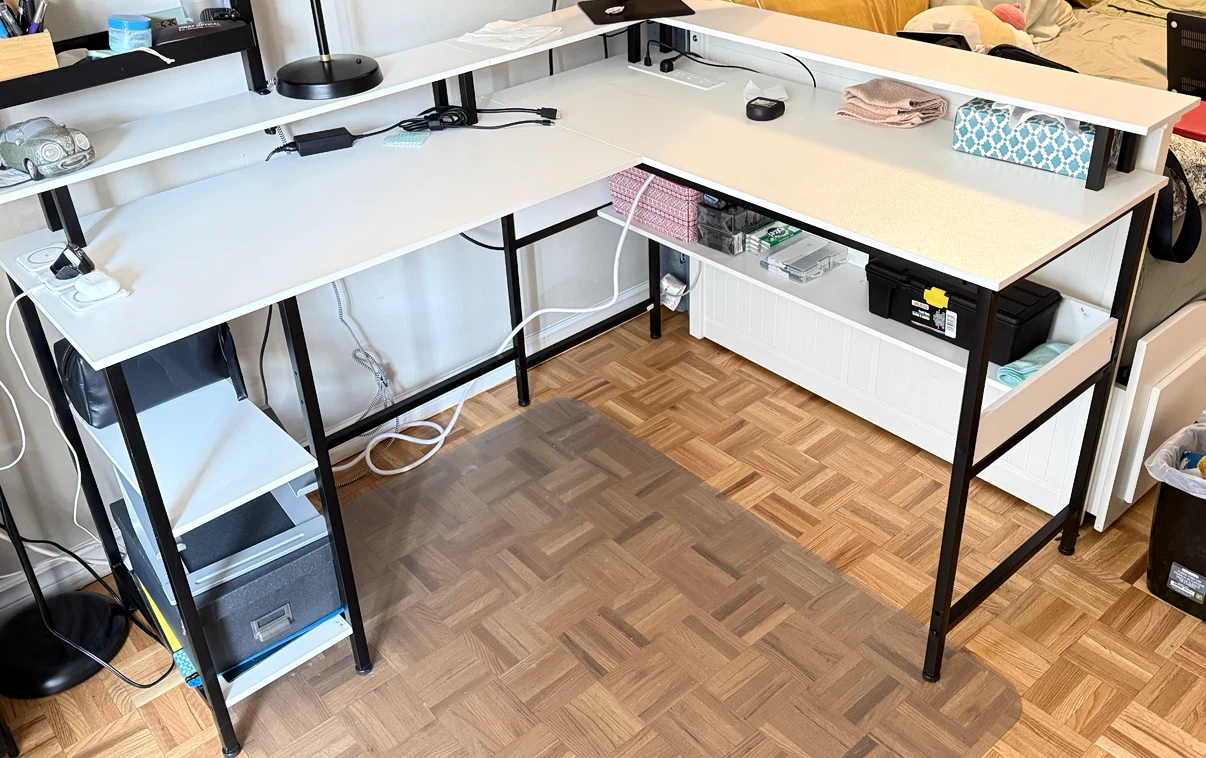 Large L-Shaped Corner Computer Desk with Shelves & Monitor Riser