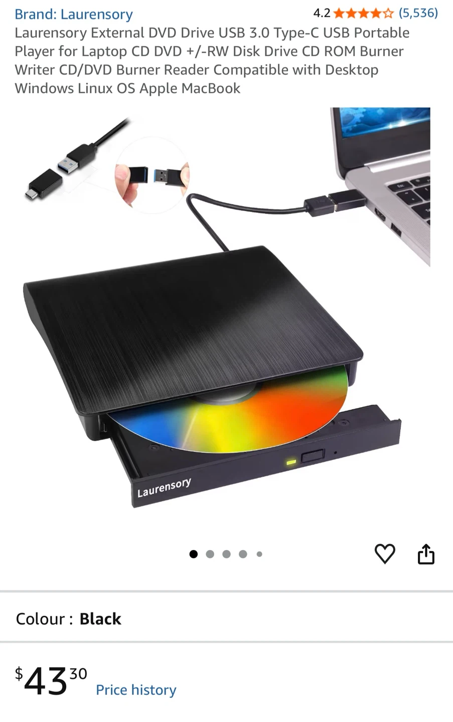 Laurensony External DVD Drive USB 3.0 Type-C Portable Burner