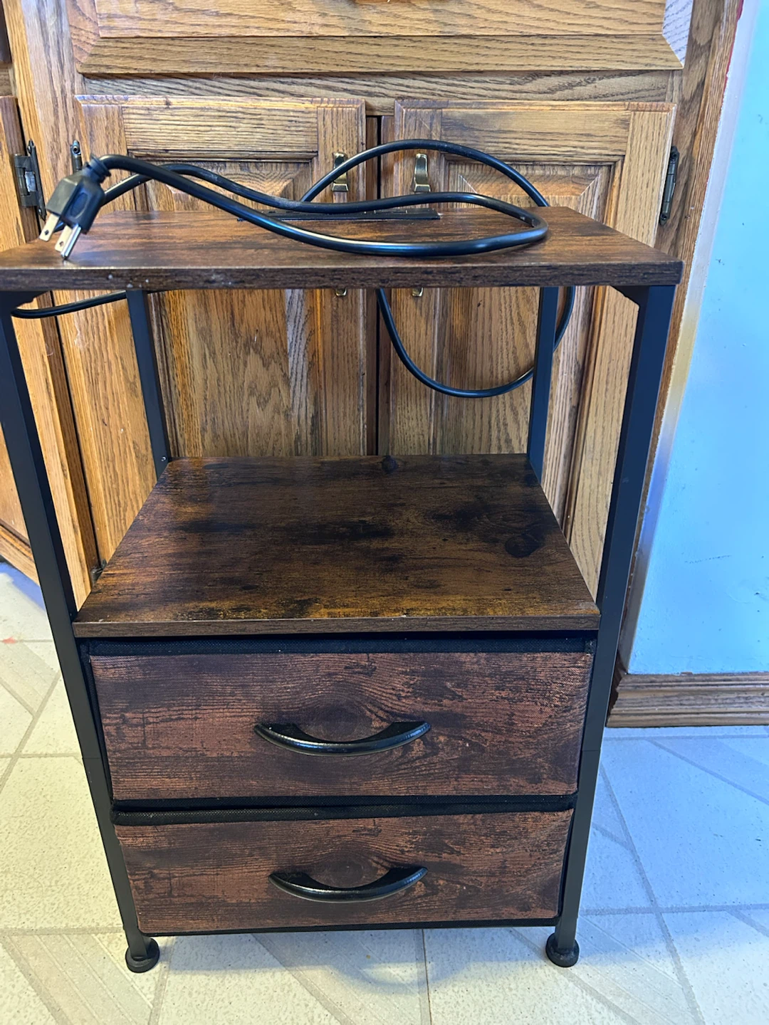 Rustic Wood 2-Drawer Nightstand with Charging Station