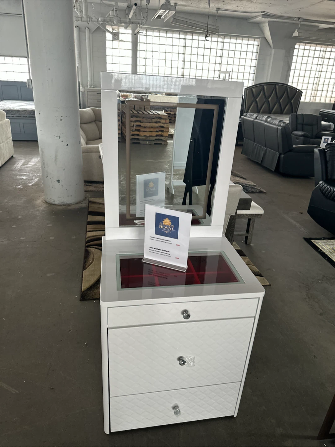 White Vanity Table with Mirror and Stool
