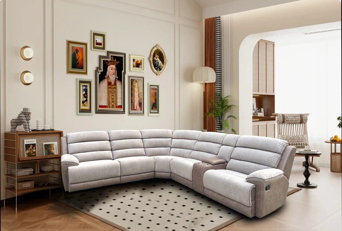 Light Gray Sectional Reclining Sofa with Built-in Cup Holders