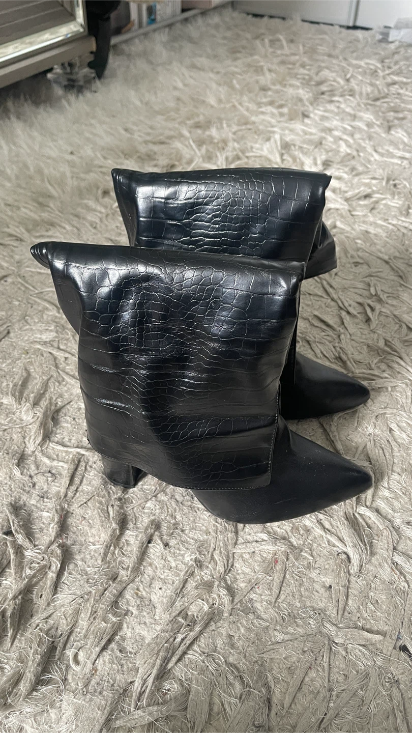 Black Faux Suede Feather Platform Heels