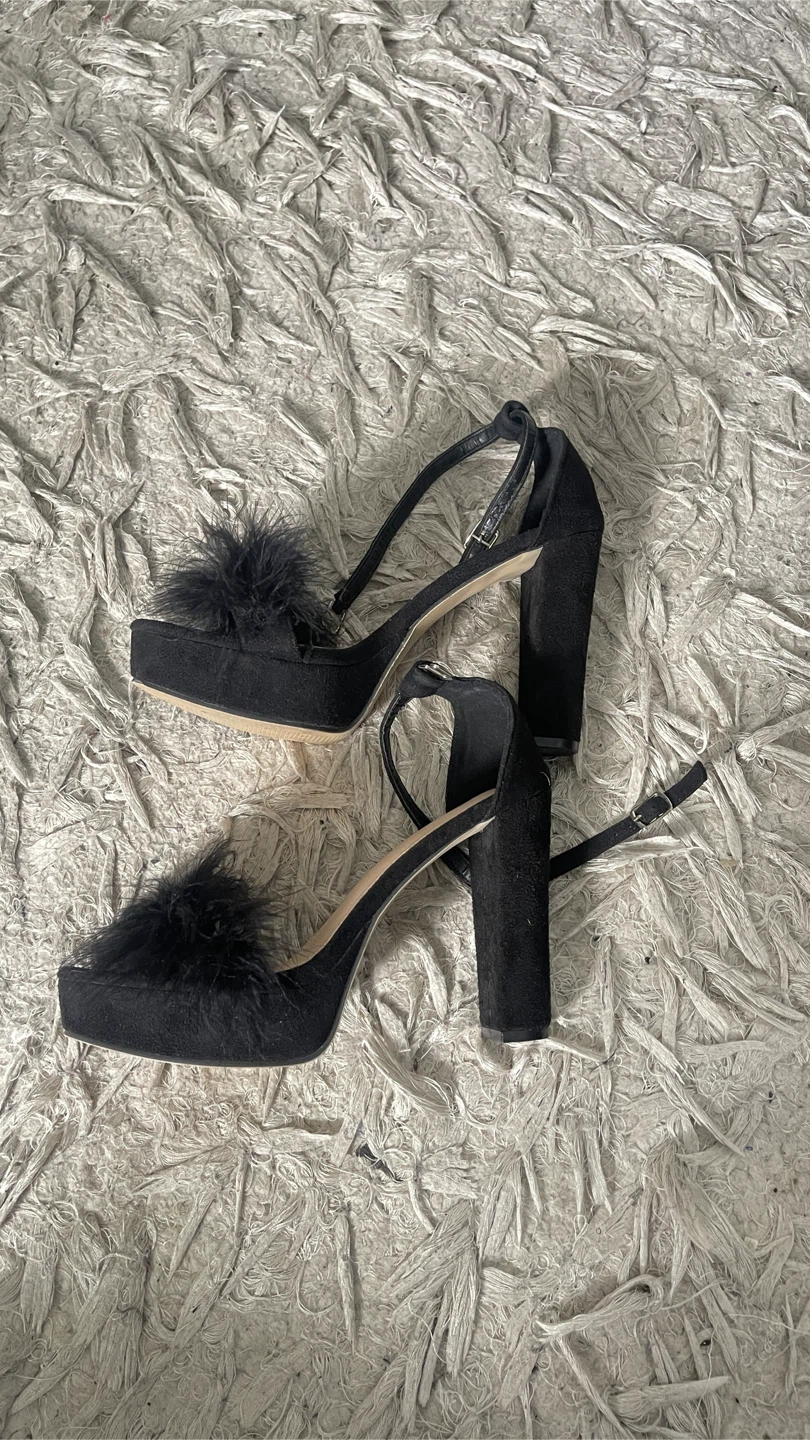 Black Faux Suede Feather Platform Heels - photo 4