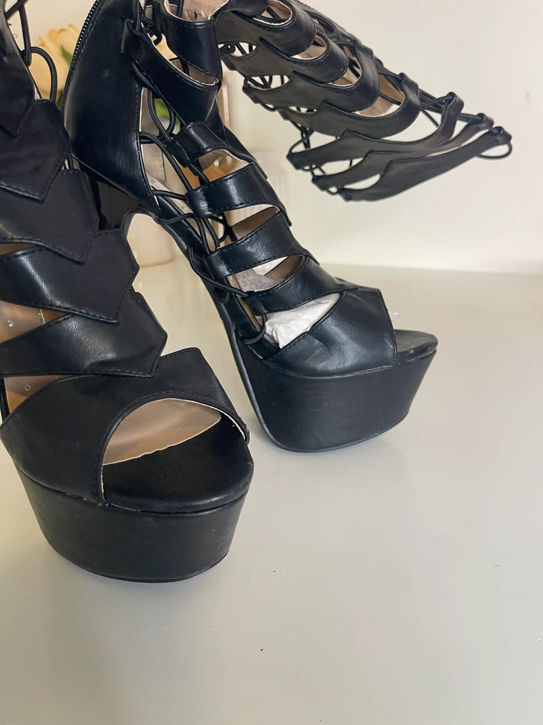 Black Strappy Stiletto Platform Boots Size 7 - photo 2
