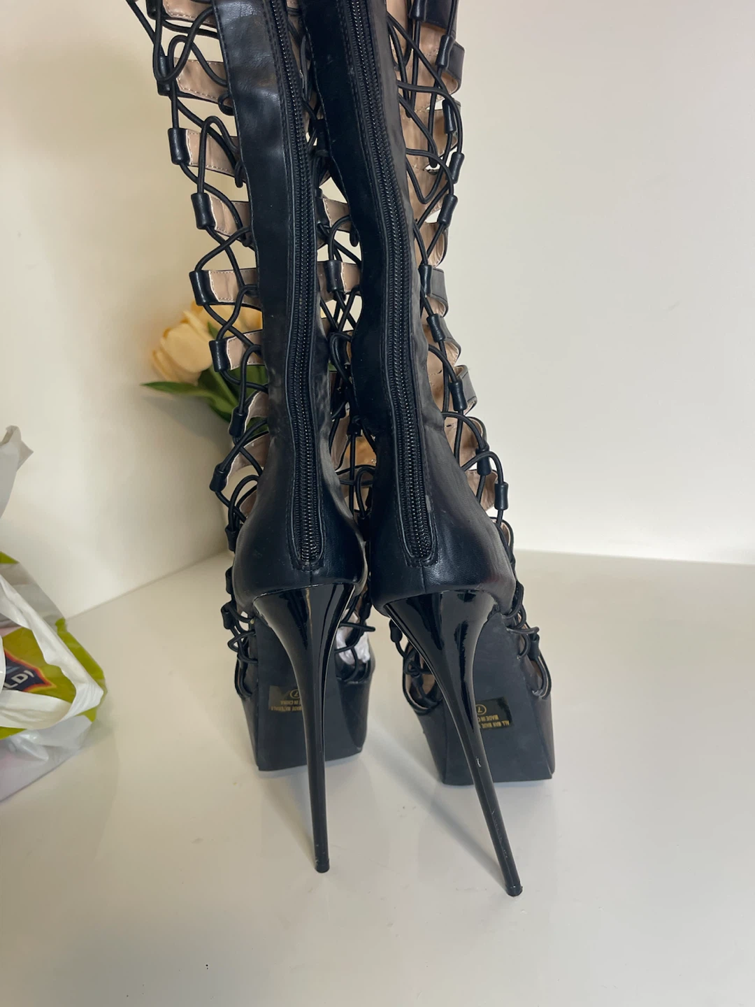Black Strappy Stiletto Platform Boots Size 7 - photo 5