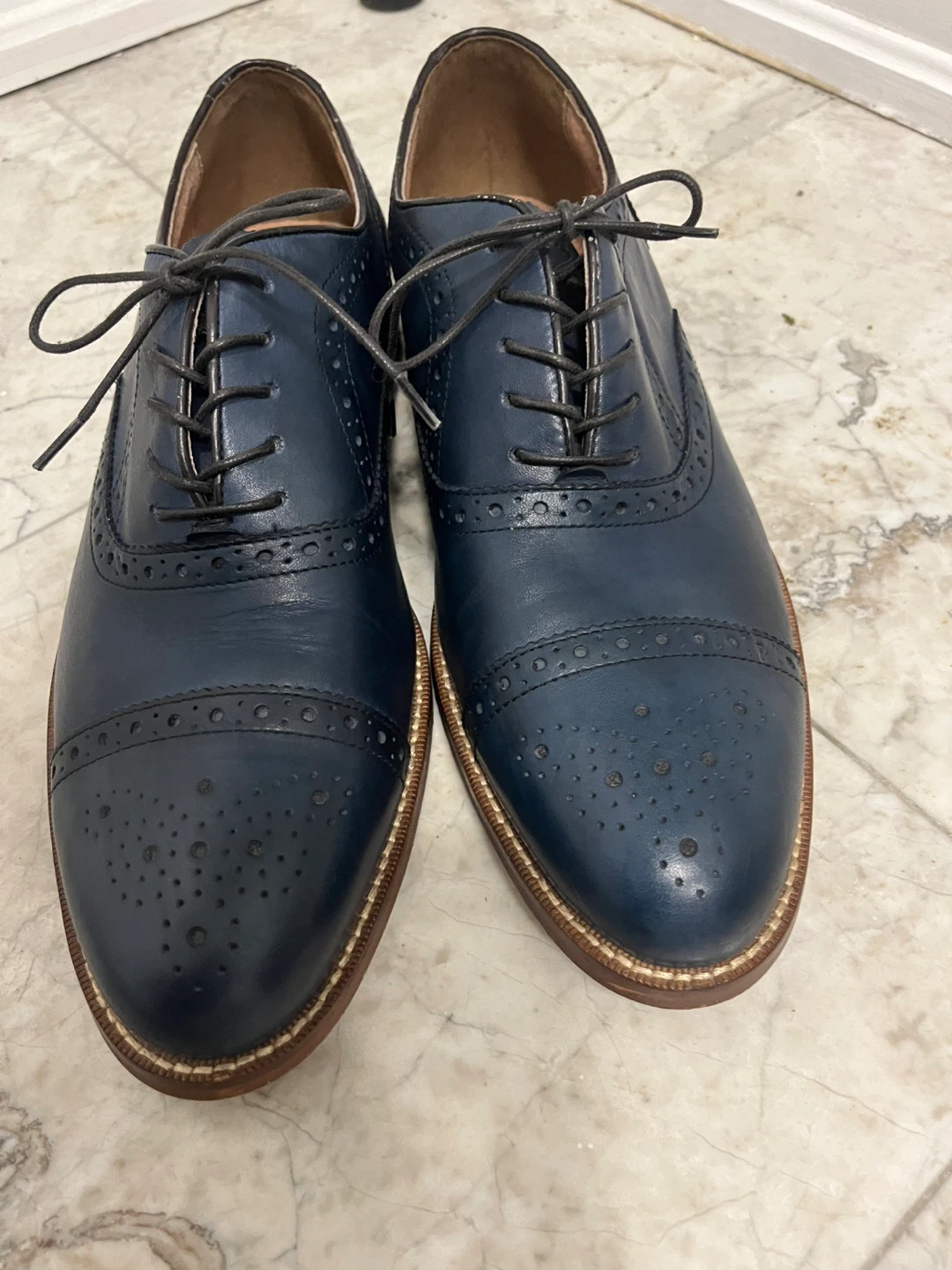 Aston Grey Collection Blue Leather Wingtip Oxford Shoes