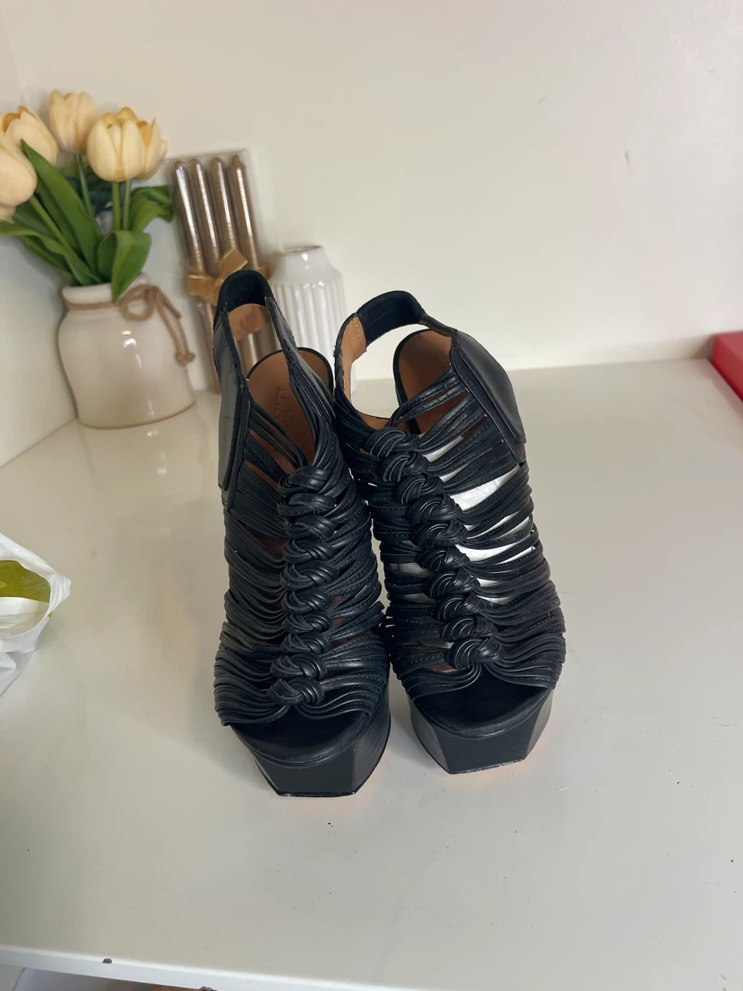 Black Leather Strappy Platform Heels