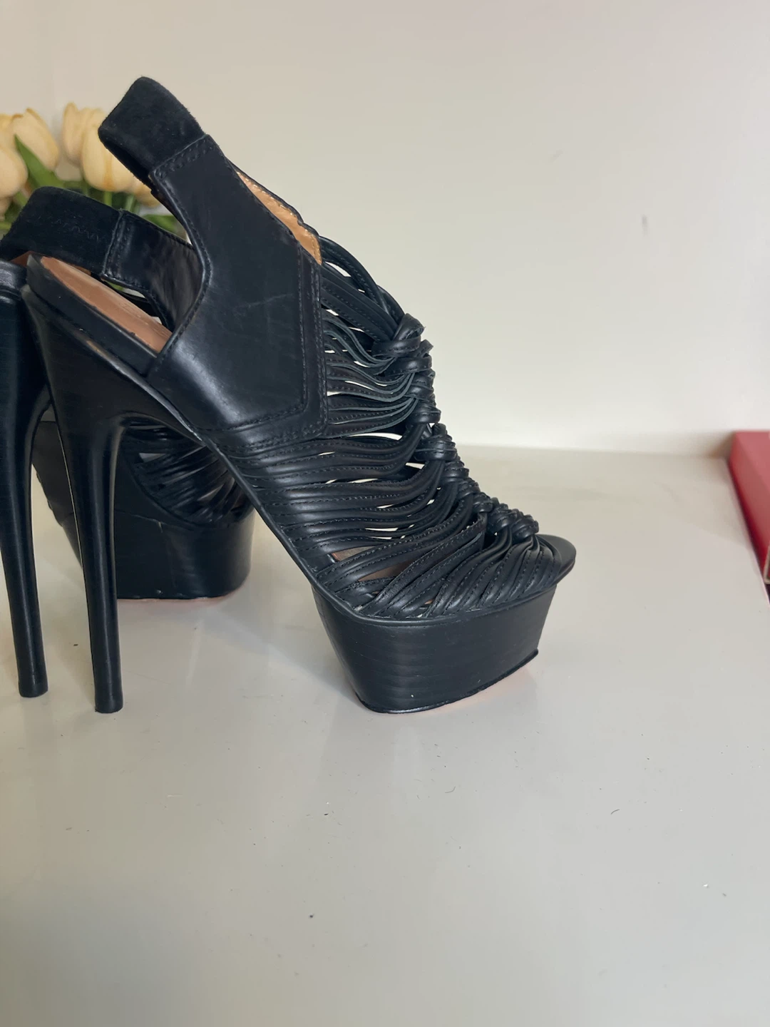 Black Leather Strappy Platform Heels - photo 3